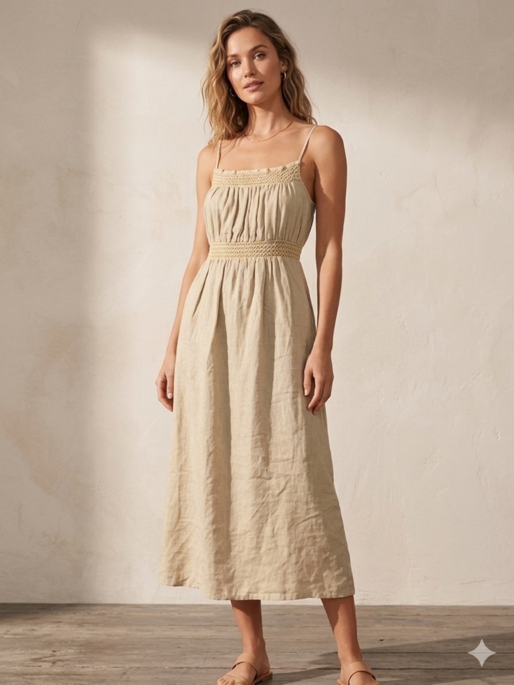 Juicy Couture Cream Smocked Linen Waist Spaghetti Strap Maxi Dress